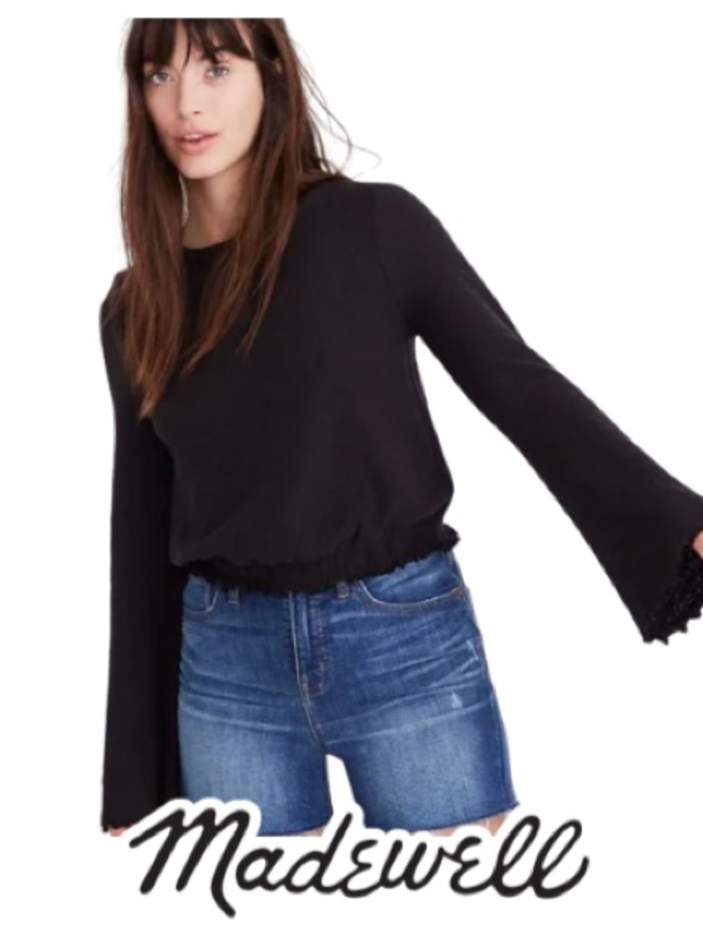 Madewell | Texture & Thread Black Smocked Bell Sleeve Top - Size XS